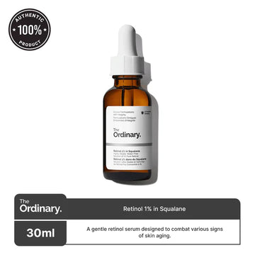 The Ordinary Retinol 1% in Squalane bottle with dropper placed on a marble surface