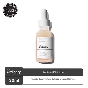 The Ordinary Lactic Acid 10% + HA bottle with dropper on a clean, soft background
