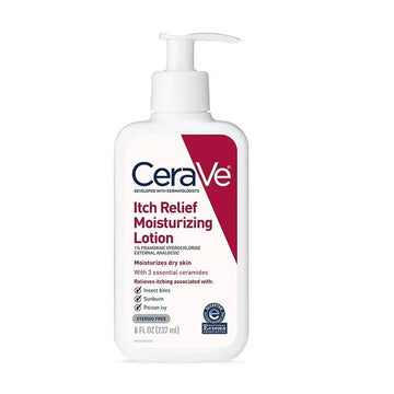 Front view of CeraVe Itch Relief Moisturizing Lotion in a white and red pump bottle, formulated to relieve itching and soothe irritated skin.