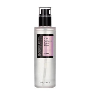Close-up of COSRX AHA 7 Whitehead Power Liquid's 100ml white plastic bottle with black text, featuring the brand's minimalist Korean skincare packaging. The label prominently displays '7% Glycolic Acid' and '2% Niacinamide' in bold typography, emphasizing its dual-action formula for exfoliation and brightening. Shows the bottle's flip-top cap design for controlled dispensing of this leave-on liquid exfoliant