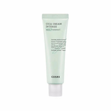 Close-up of COSRX Pure Fit Cica Cream Intense 50ml jar showing green packaging with 'CICA CREAM INTENSE' text, containing 61.2% centella extract for sensitive skin repair
