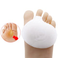 White bunion corrector on a foot with a close-up of a bunions on a white background