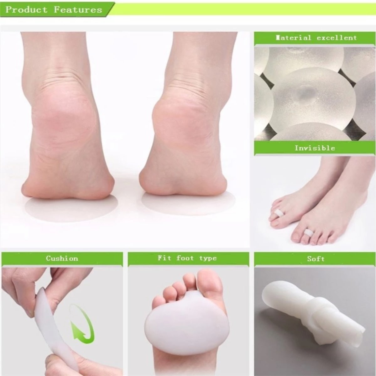 Product features of a foot cushion with images of feet, material, cushioning, fit, and softness.
