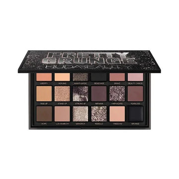 Open Huda Beauty Pretty Grunge palette displaying 9 eyeshadow shades