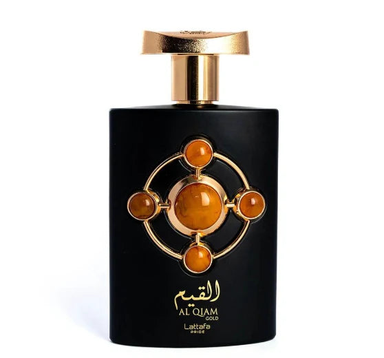 Black perfume bottle with gold cap and decorative elements on a white background