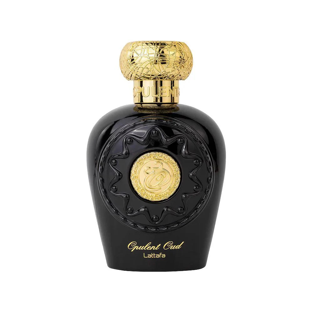 Black and gold perfume bottle with 'Lattafa' branding on a white background