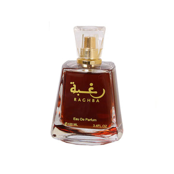 Perfume bottle with gold cap and 'Raghba' branding on a white background