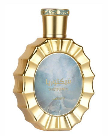 Gold perfume bottle with 'Victoria' label on a white background