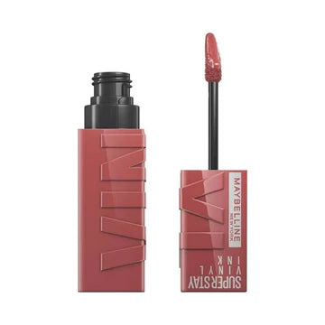 "Model wearing Super Stay Vinyl Ink lipstick in a glossy nude shade with a radiant finish"