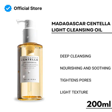 Bottle of Madagascar Centella light cleansing oil with product details on a white background
