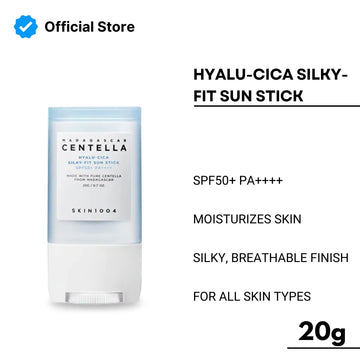MADAGASCAR CENTELLA Hyalu-Cica Silky-Fit Sun Stick packaging with product details on a white background.