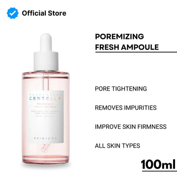 Skintouch Centella Poremizing Fresh Ampoule bottle with product benefits on a white background