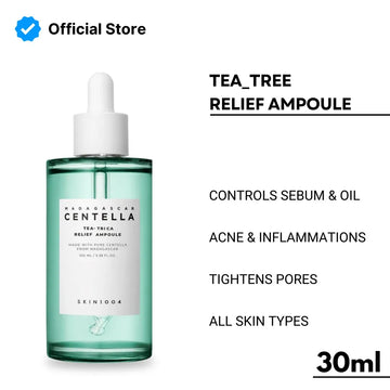 Tea tree relief ampoule bottle with product details on a white background