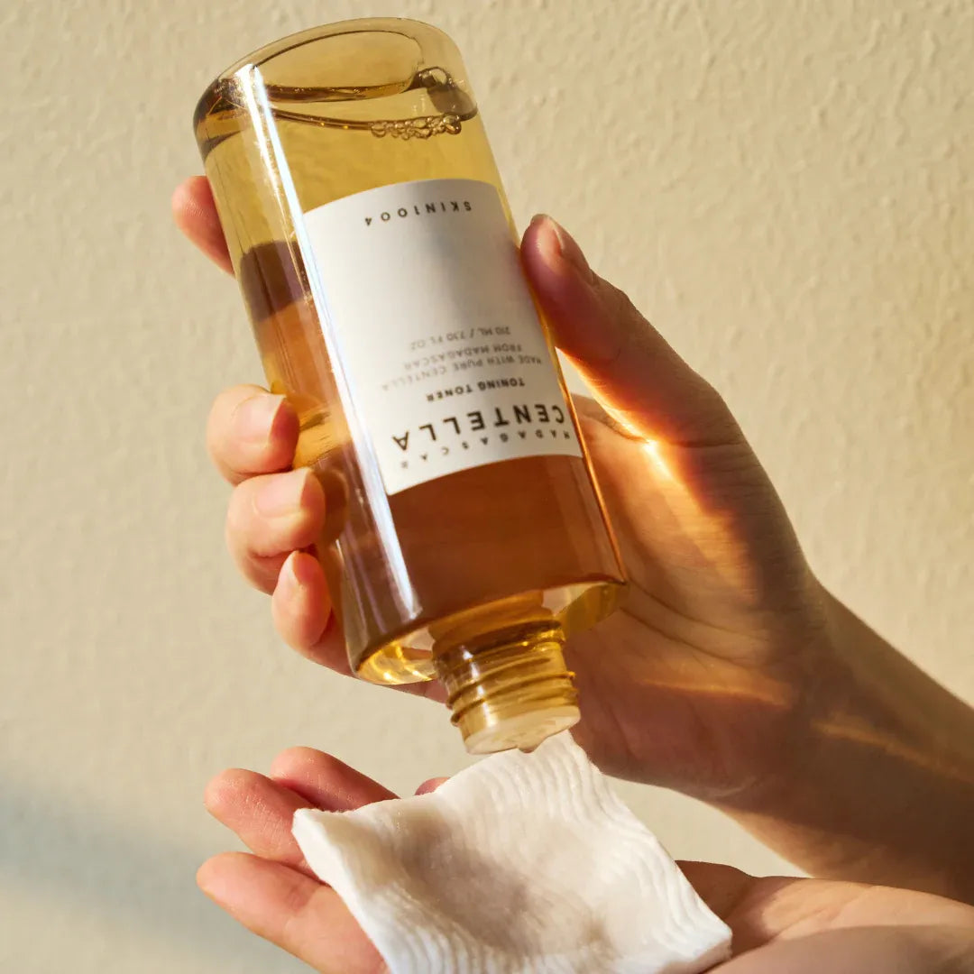 Bottle of Centella toning toner with product details on a white background