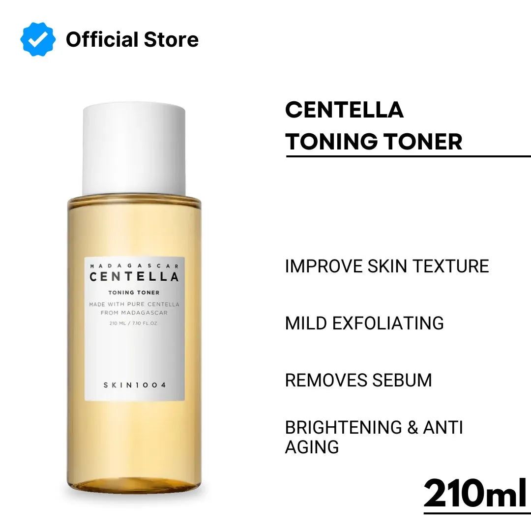 Bottle of Centella toning toner with product details on a white background