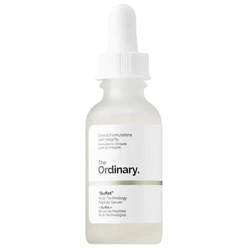 "The Ordinary Buffet Anti-Aging Serum bottle on a neutral background"