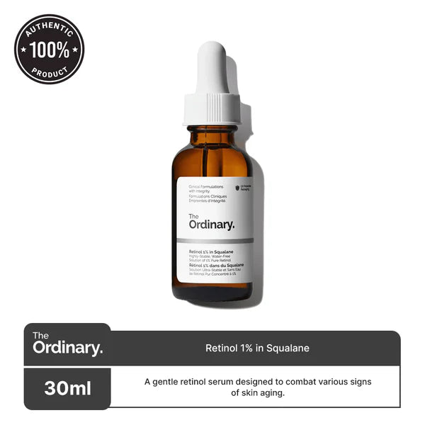 The Ordinary Retinol 1% in Squalane bottle with dropper placed on a marble surface

