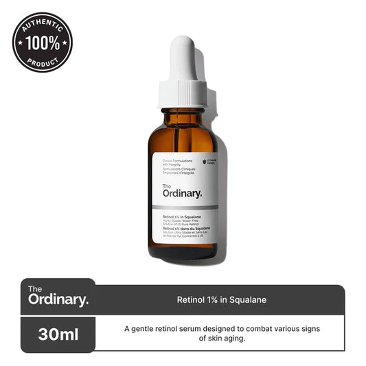 The Ordinary Retinol 1% in Squalane bottle with dropper placed on a marble surface

