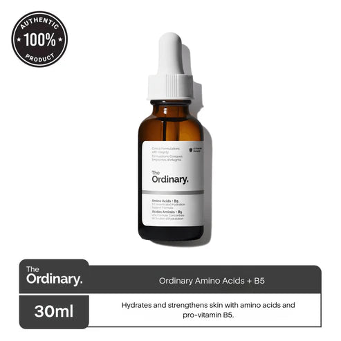 The Ordinary Amino Acids + B5 serum bottle placed on a clean white background

