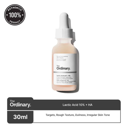 The Ordinary Lactic Acid 10% + HA bottle with dropper on a clean, soft background

