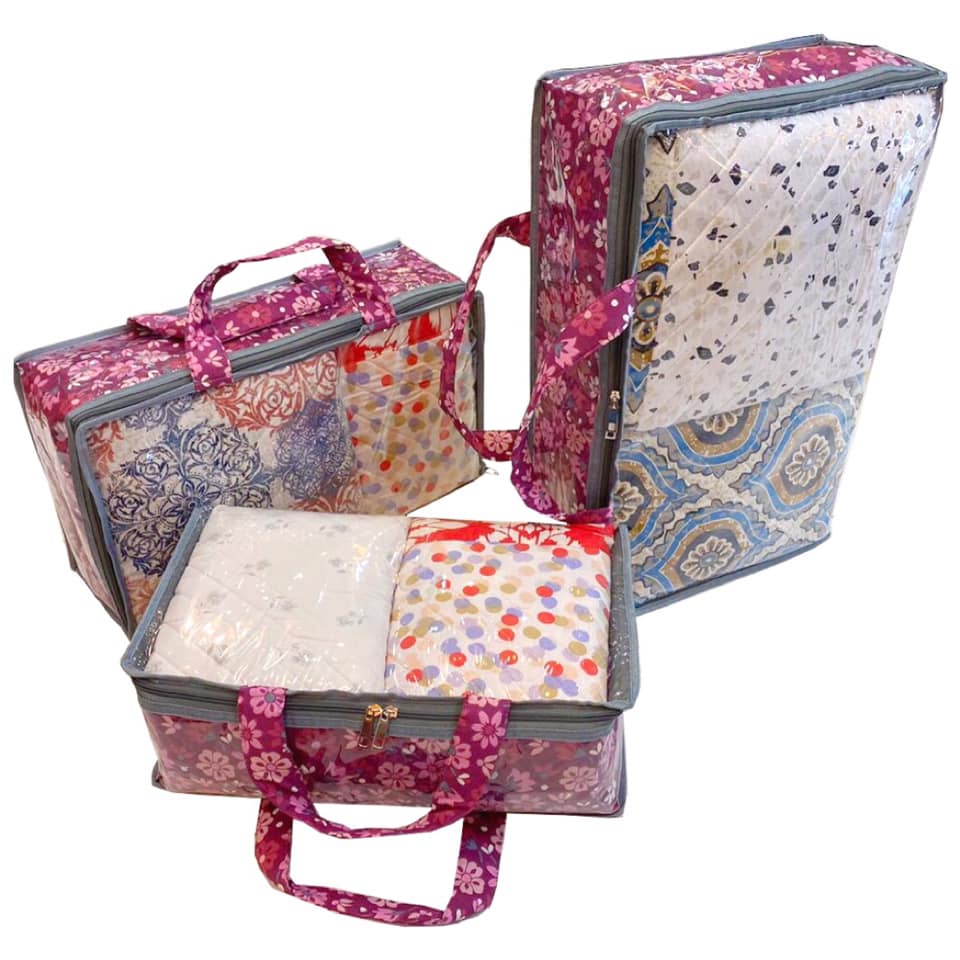 “Three-piece transparent storage bag set in different sizes, ideal for organizing clothes, books, linens, and household items.”