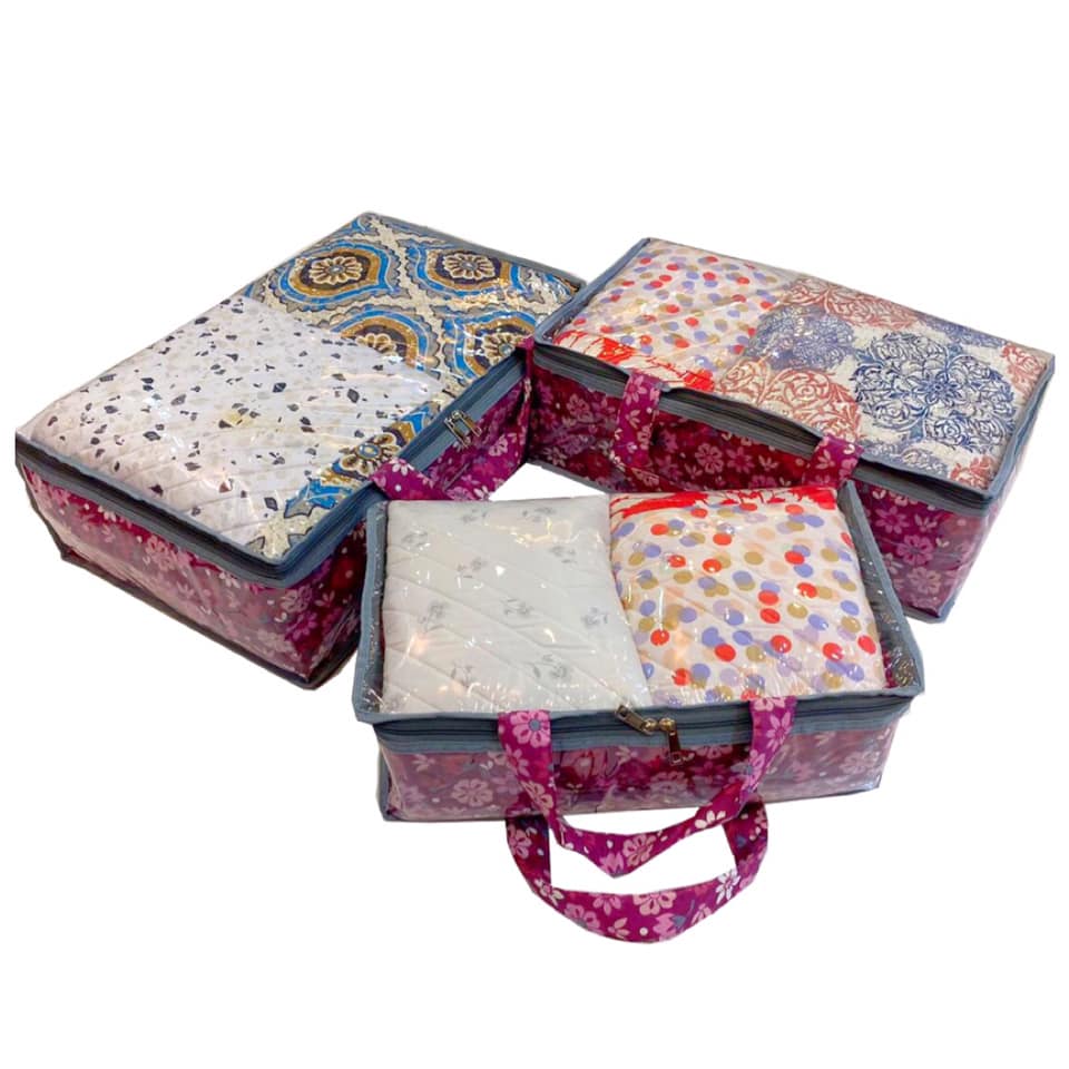 “Three-piece transparent storage bag set in different sizes, ideal for organizing clothes, books, linens, and household items.”