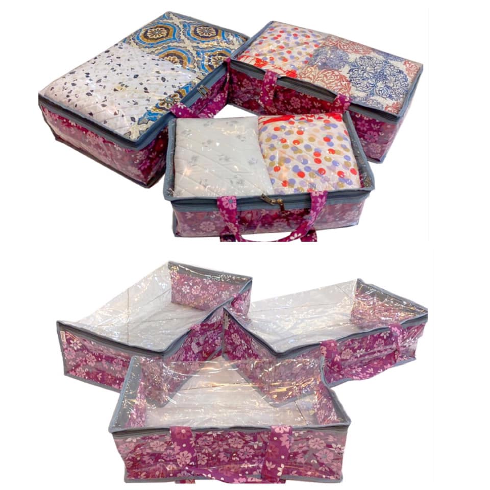 “Stacked transparent storage bags in small, medium, and large sizes, showing multipurpose wardrobe organization.”