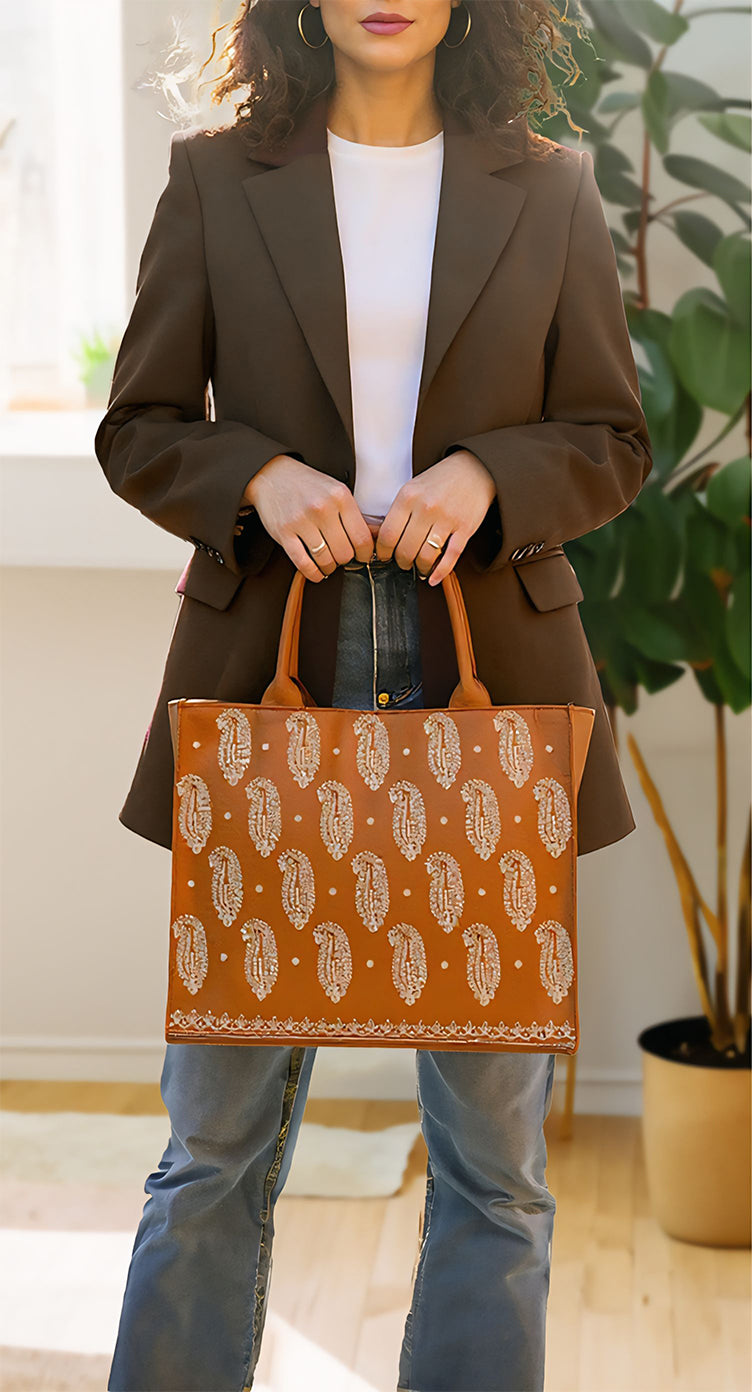 Embroidery Tote Bag Daily Carry Mustard