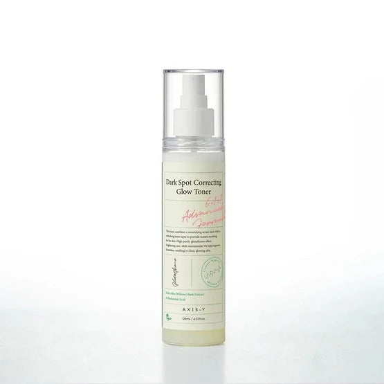 AXIS-Y Dark Spot Correcting Glow Toner in dual-layer mist bottle, designed to hydrate and brighten skin with Glutathione and Niacinamide.