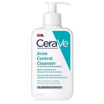 CeraVe Acne Control Cleanser bottle with 2% salicylic acid, displayed on a clean white background