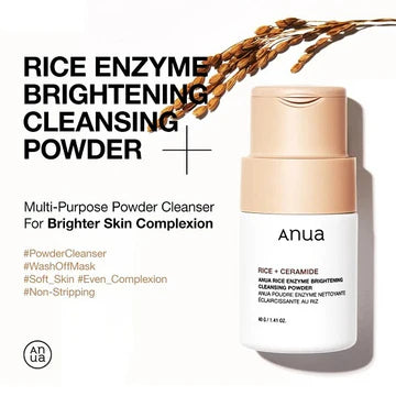Key ingredients of Rice Bran Cleansing Powder, including rice bran extract, ceramide, and papain for glowing skin