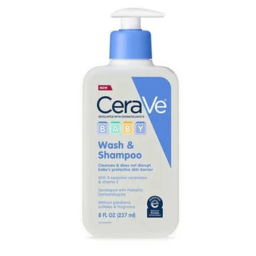 CeraVe Baby Wash & Shampoo bottle placed in a cozy nursery setting with soft baby towels and rubber duck

