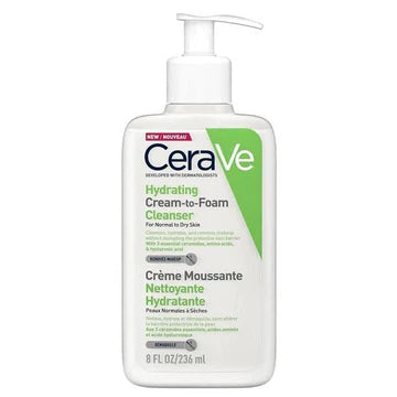 CeraVe Cream-to-Foam Cleanser bottle placed beside a soft towel and a sink, ready for a daily skincare routine.