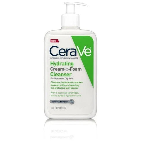 CeraVe Hydrating Cream-to-Foam Cleanser being dispensed into the palm, showing creamy texture transforming into foam.