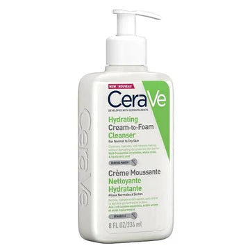 CeraVe Cream-to-Foam Cleanser bottle placed beside a soft towel and a sink, ready for a daily skincare routine.