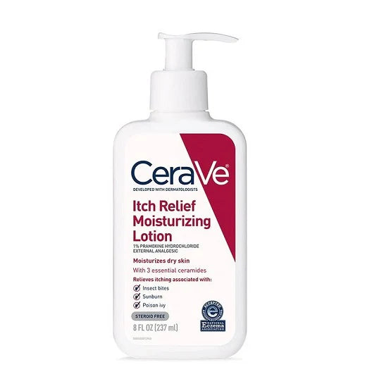 Front view of CeraVe Itch Relief Moisturizing Lotion in a white and red pump bottle, formulated to relieve itching and soothe irritated skin.
