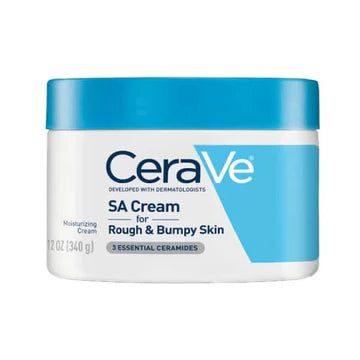 CeraVe SA Cream for Rough & Bumpy Skin in a white and blue jar, placed on a clean surface with label details visible.