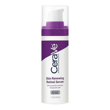 CeraVe Skin Renewing Retinol Serum bottle on a marble bathroom counter with natural lighting.