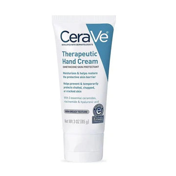 CeraVe Therapeutic Hand Cream tube with a white and blue design, placed on a clean background showcasing the label.