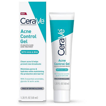 CeraVe Acne Control Gel in a white and blue tube with salicylic acid label, placed against a clean, minimal background.