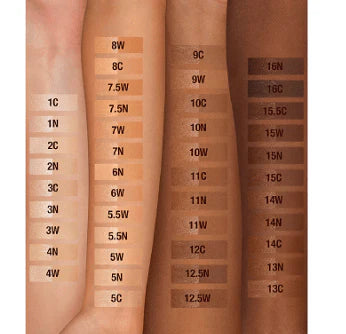 Foundation swatched on different skin tones showing shade 5 Warm

