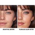 Side-by-side of makeup with and without Hollywood Flawless Filter glow effect

