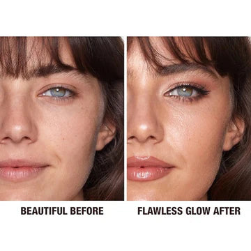 Side-by-side of makeup with and without Hollywood Flawless Filter glow effect

