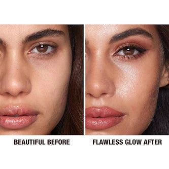 Before and after close-up showing radiant, blurred skin finish with natural light reflection

