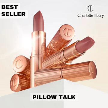 Set of Matte Revolution lipsticks with Pillow Talk Original in focus on a makeup vanity

