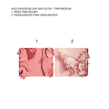 Open Hollywood Blush & Glow palette showing blush and highlighter pans inside a vintage-style compact

