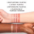Swatches of all four Pillow Talk products on different skin tones

