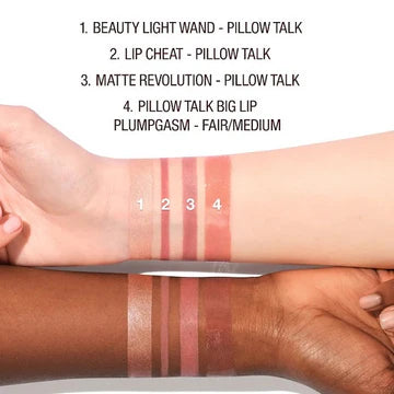 Swatches of all four Pillow Talk products on different skin tones

