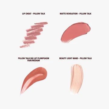 Flat lay of Charlotte Tilbury Pillow Talk Icon Set with 4 products on soft blush background


