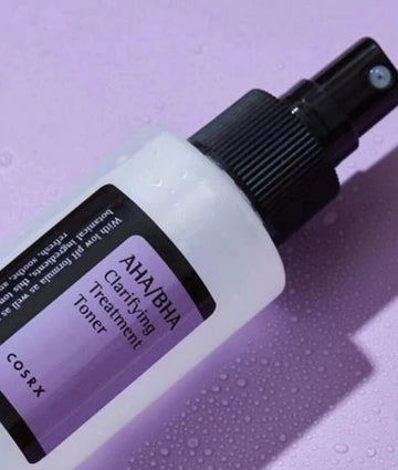Front view of COSRX AHA/BHA Clarifying Treatment Toner bottle (150ml) with white label and black text, showing the exfoliating toner for pore care and skin brightening